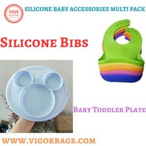 Silicone Waterproof Soft Durable Adjustable Bibs & Silicone Baby Toddler Plate C